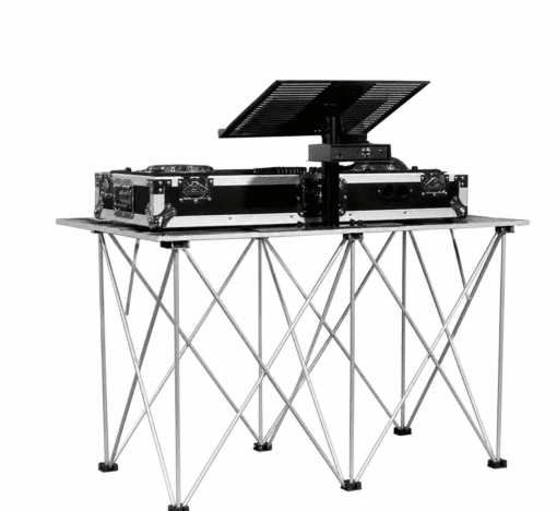 Intellistage DJ table set up for a professional event, available for hire in Hastings and Hawke's Bay for weddings, parties, corporate events, and live performances.